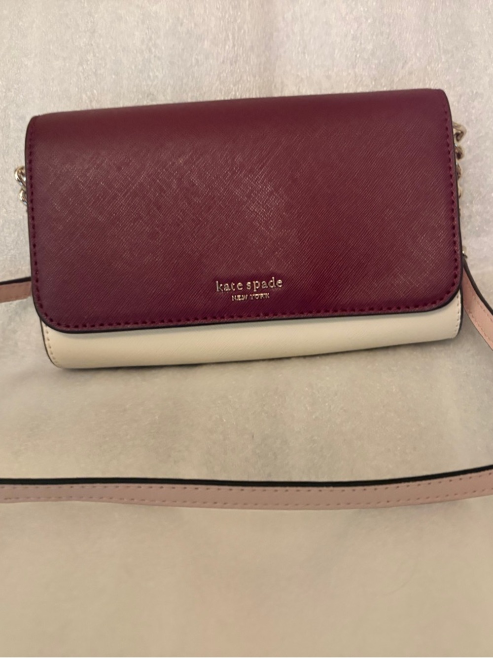 Kate Spade Saffiano Leather Crossbody Clutch Burgundy/Cream Silver Chain Strap